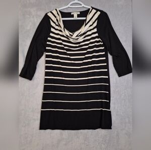 WHBM Tunic Top Size M Black White Stripe Cowl Neck Stretch 3/4 Sleeve Chic Sku18